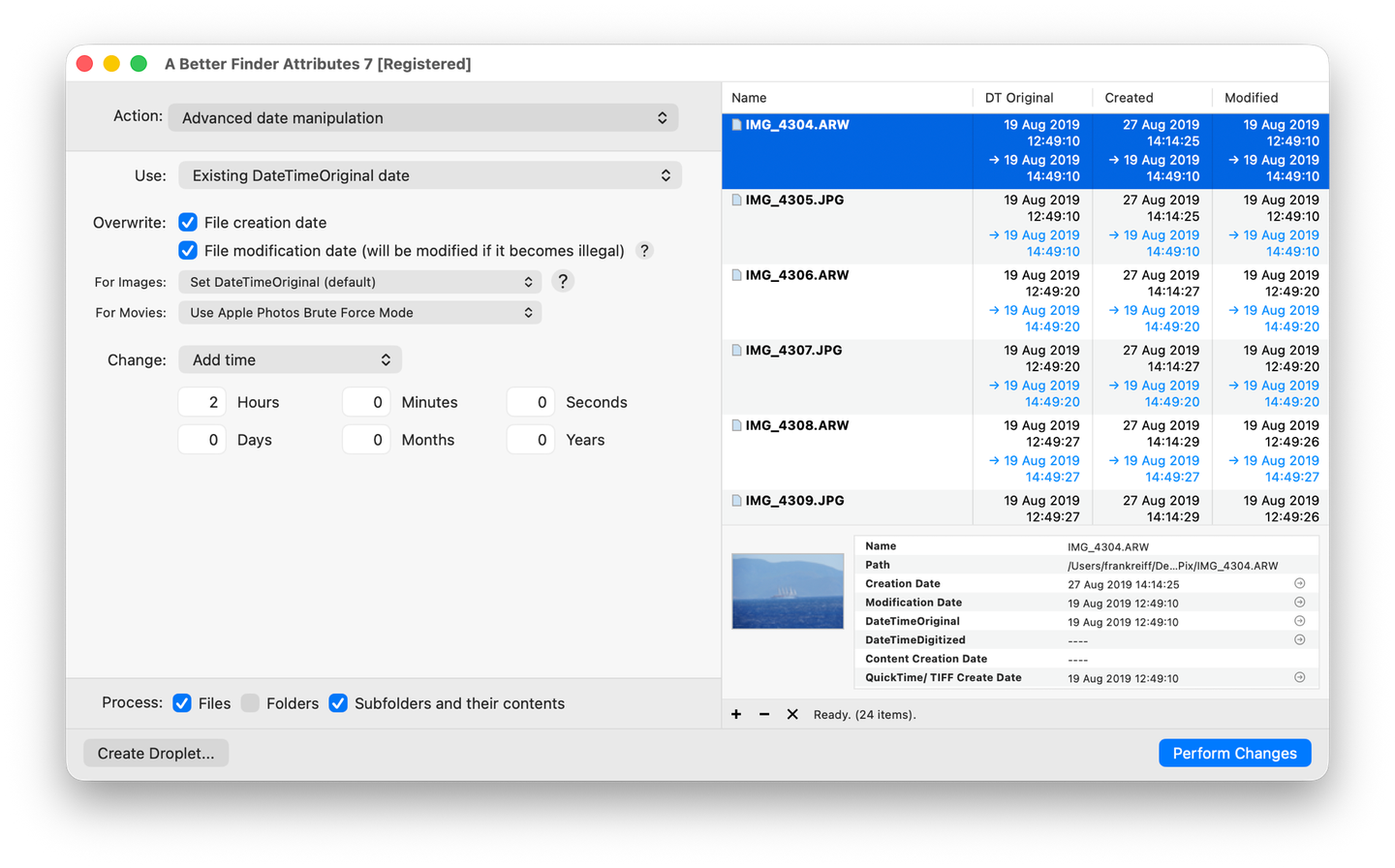 Die Aktion Advanced date manipulation in A Better Finder Attributes addiert 2 Stunden auf ein RAW+JPEG-Shooting: die Spalten DT Original, Created und Modified zeigen für jedes Foto das aktuelle Datum und hinter einem Pfeil das korrigierte Datum, das es bekommen wird, bevor irgendetwas geschrieben wird