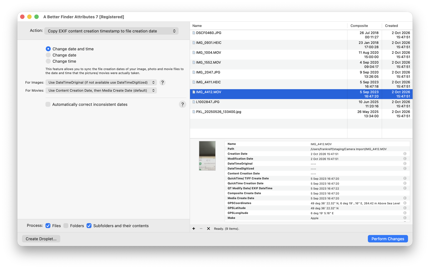 A Better Finder Attributes with nine photos and clips just copied in from a phone and a camera: the Composite column lists each file's real shooting date, from July 2018 to June 2025, while the Created column reads today's date on every row; the selected iPhone clip's info pane shows its Creation and Modification dates as today and its QuickTime creation, media and composite dates as 5 September 2023, with the GPS coordinates below