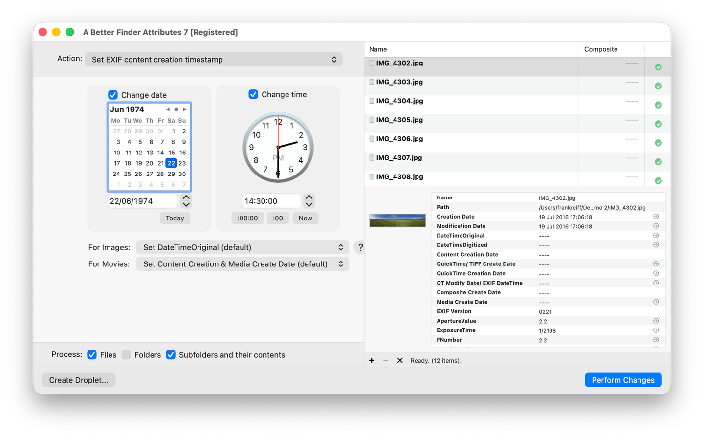 Die Aktion Set EXIF content creation timestamp in A Better Finder Attributes: der Kalender auf den 22. Juni 1974 gestellt, die Uhr auf 14:30, über einem Stapel gescannter Fotos, deren Composite-Spalte gar keine EXIF-Daten zeigt, mit For Images auf Set DateTimeOriginal