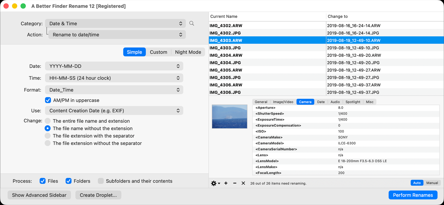 A Better Finder Rename renaming a Sony RAW+JPEG shoot by capture date: the Rename to date/time action set to Content Creation Date, with the live preview turning IMG_4302.ARW and IMG_4302.JPG into 2019-08-16_16-24-14.ARW and .JPG, and the photo's EXIF camera data shown below