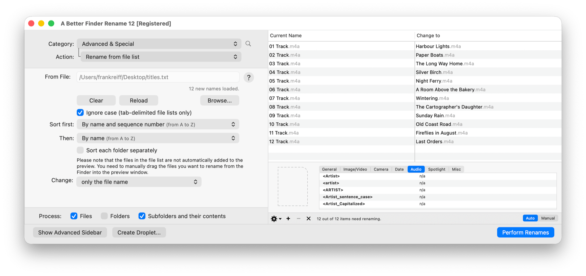 Die Aktion „Rename from file list" in A Better Finder Rename mit geladener titel.txt, der Statuszeile „12 new names loaded." und einer Vorschau, die 01 Track.m4a bis 12 Track.m4a den neuen Songtiteln Harbour Lights bis Last Orders zuordnet, Endungen beibehalten