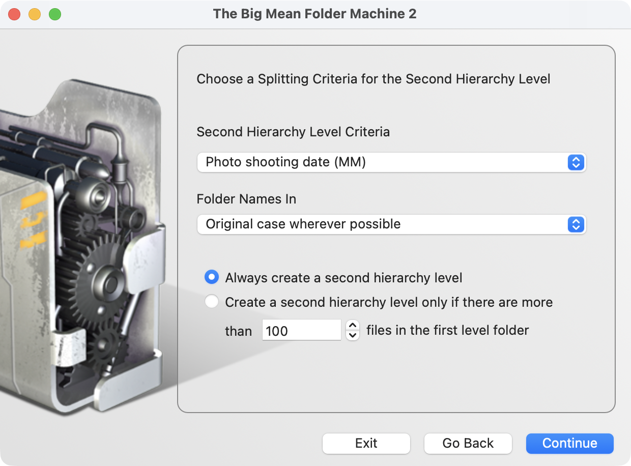The Big Mean Folder Machine's second hierarchy level screen: criteria set to photo shooting date (month), folder-name case, and the option to create the level only above a file count threshold