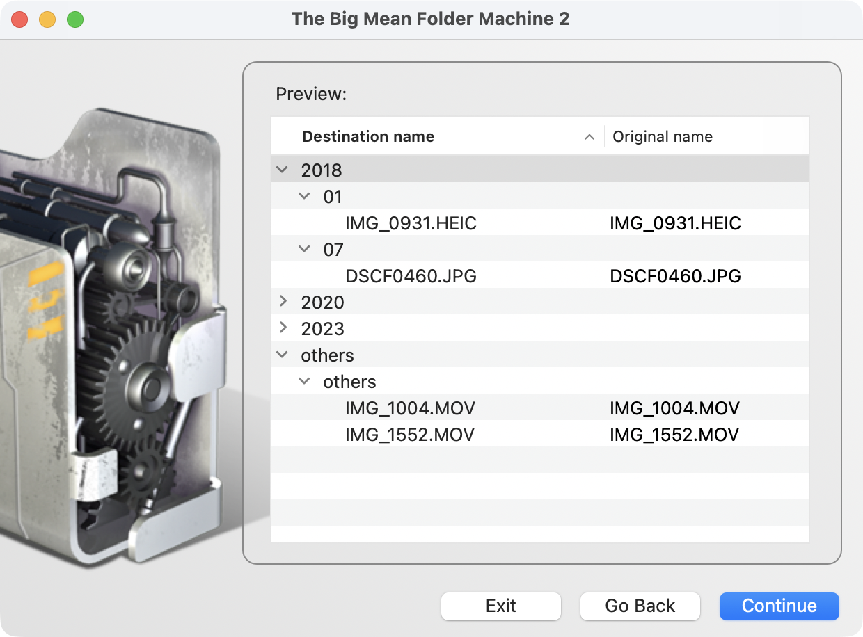The preview step showing the proposed tree: year folders 2018, 2020 and 2023, with 2018 expanded into month folders 01 and 07 holding one photo each, and an others folder holding two videos