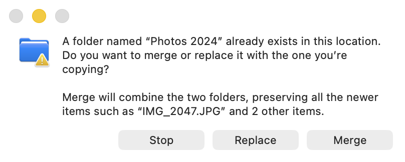 The macOS 26 Finder dialog for a folder that already exists, with Stop, Replace and Merge buttons and the note that Merge preserves all the newer items