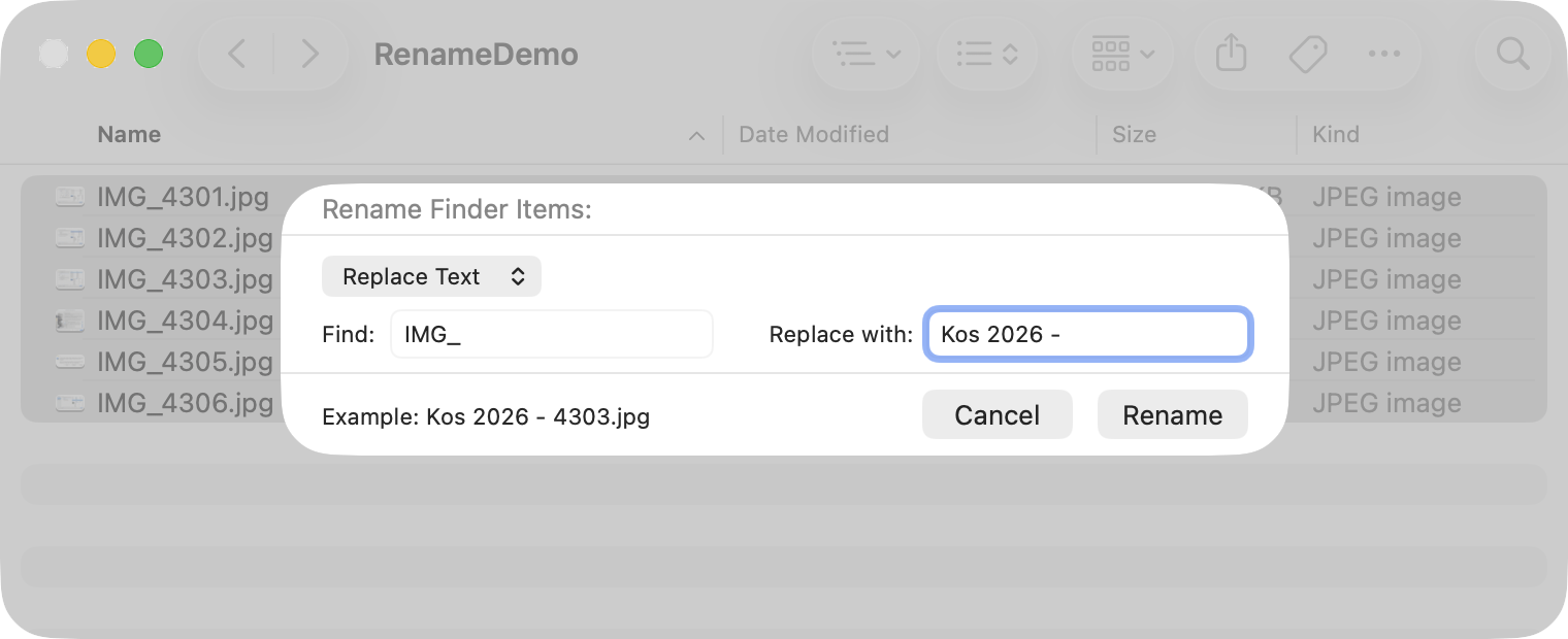 The Finder's Rename Finder Items sheet in Replace Text mode over six selected photos, finding IMG_ and replacing it with Kos 2026 -, the Example line reading Kos 2026 - 4303.jpg