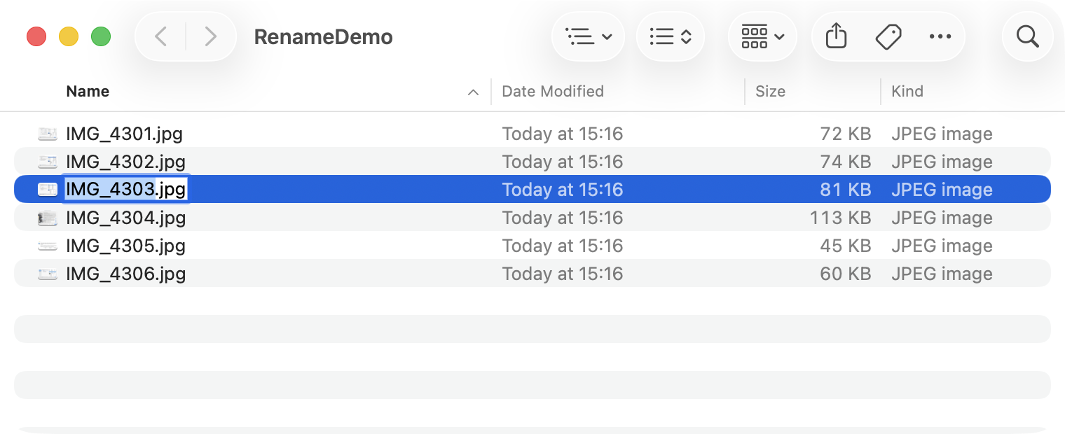 A Finder window in list view with IMG_4303.jpg in edit mode after pressing Return: the name IMG_4303 is selected, the .jpg extension is not