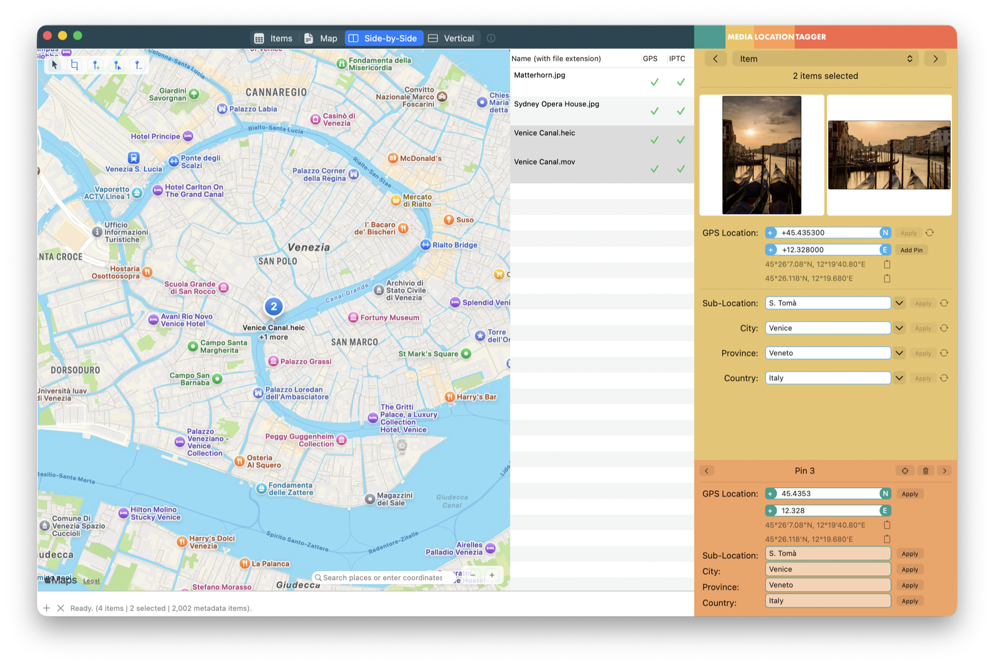 The same batch after applying: green ticks in both the GPS and IPTC columns for all four files, the map centred on Venice with the third pin, and the two selected Venice files showing their new coordinates and place names