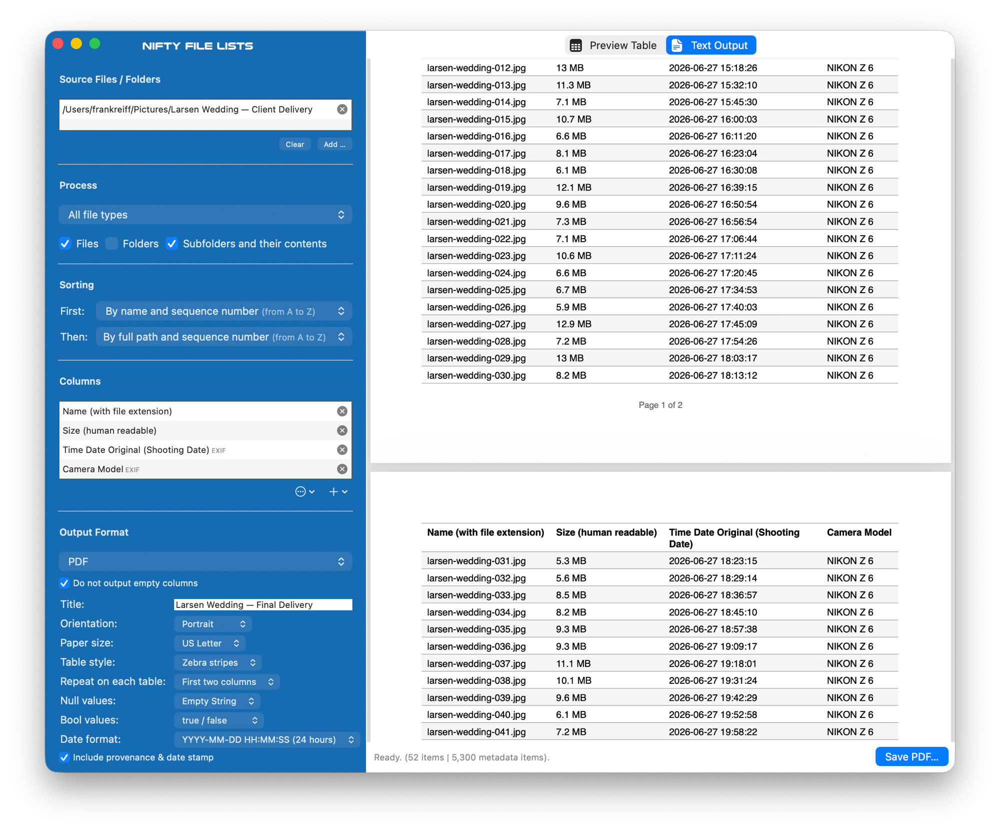 Die Live-PDF-Vorschau in Nifty File Lists an einem Seitenwechsel: Seite 1 endet mit der
zentrierten Fußzeile „Page 1 of 2“, und Seite 2 beginnt mit der wiederholten
Spaltenkopfzeile, bevor die Zeilen weiterlaufen