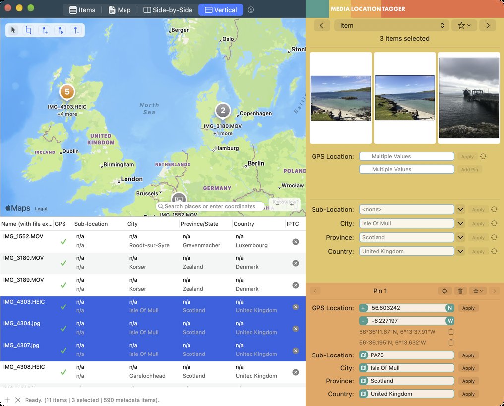 Media Location Tagger main window: a map with photo clusters across Europe above a file table showing GPS and IPTC status for each photo and video, with location suggestions in the sidebar