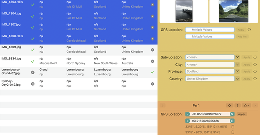File table of iPhone photos with a green check in the GPS column but empty IPTC column, and the sidebar showing city, province and country suggestions derived from the GPS coordinates, ready to apply