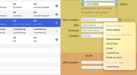 Close-up of the IPTC fields in the sidebar with an open pop-up menu listing the place names proposed for other items in the batch and values already stored in other photos, next to the file table