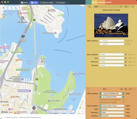 Map view zoomed on the Sydney Opera House with a pin dropped on it after a place search, and the sidebar showing the pin's GPS coordinates with the place names suggested by Apple Maps and by the built-in database, ready to apply