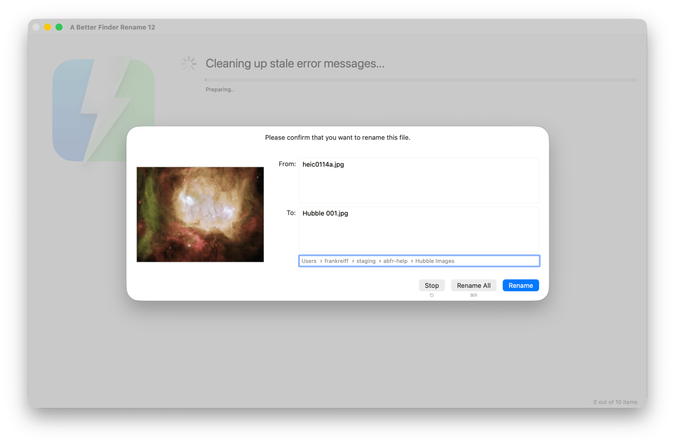 The confirmation dialog: a Quick Look preview of the file on the left, the From and To names, the path of the enclosing folder, and the Stop, Rename All and Rename buttons