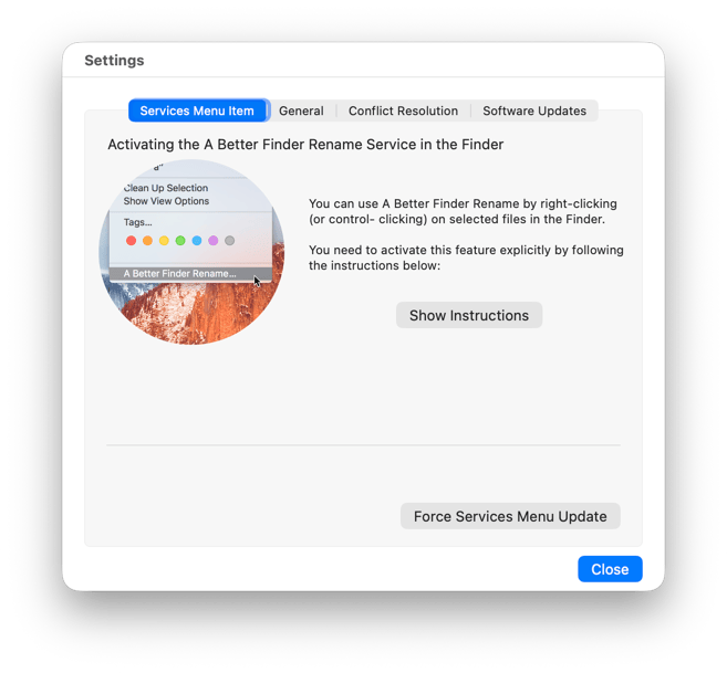 The Services Menu Item tab of the Settings window, with the Show Instructions and Force Services Menu Update buttons