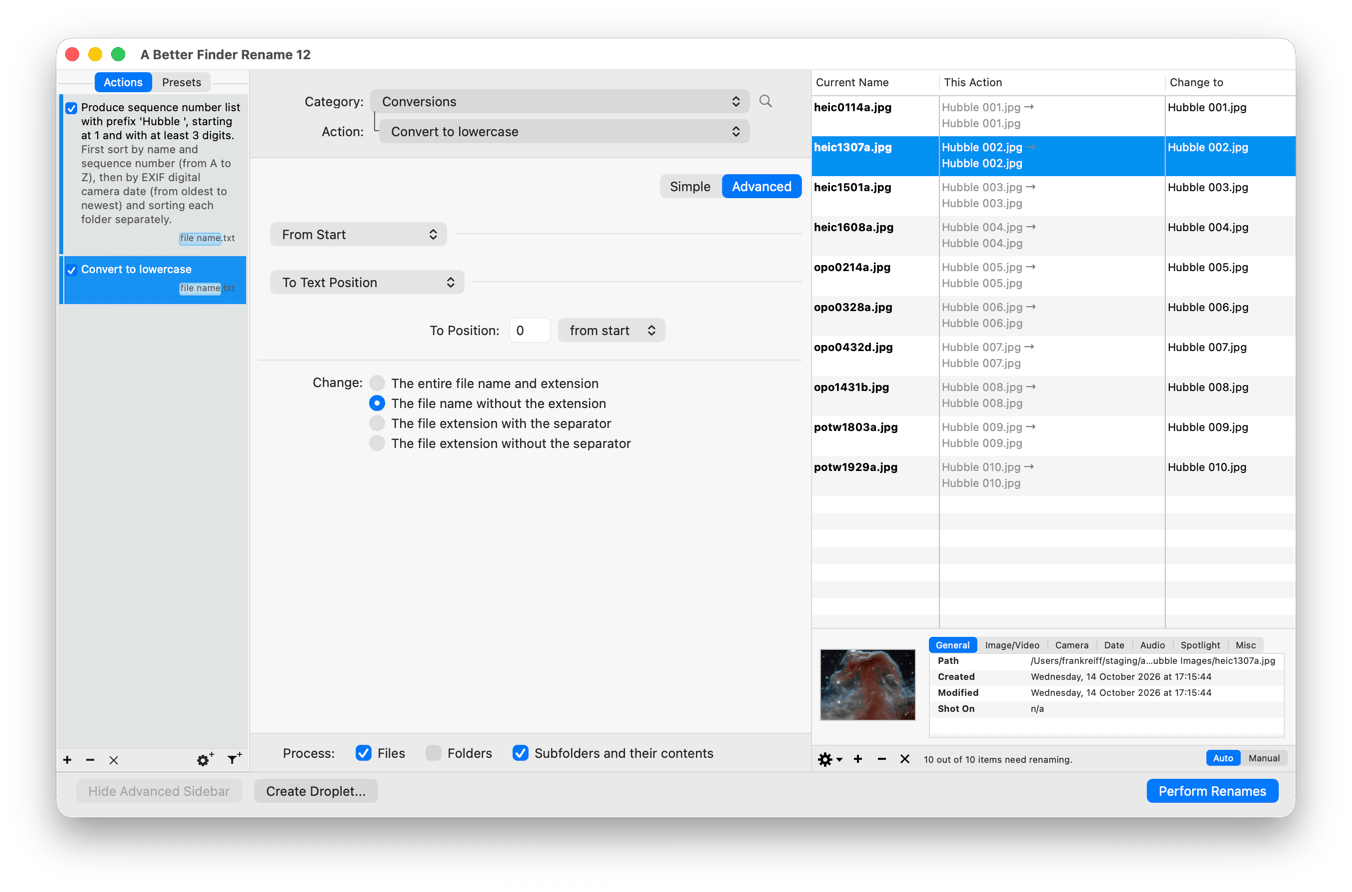 A two-step rename in the Advanced Sidebar: the sequence number action followed by Convert to lowercase, with the This Action column in the preview showing the intermediate names
