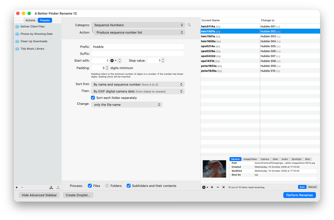 The Advanced Sidebar open on the Presets tab, listing four saved presets, with the add, remove, import and export buttons under the list
