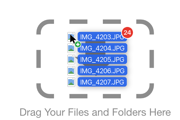 Five photos being dragged from the Finder onto the empty file list, which reads Drag Your Files and Folders Here