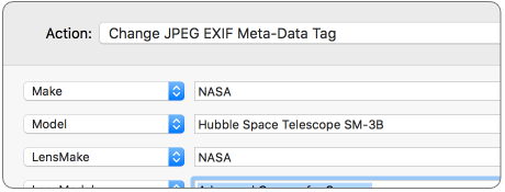 Change JPEG EXIF meta-data tag action editing the Make, Model and LensMake tags