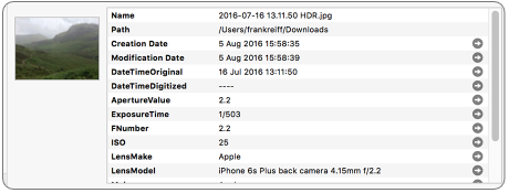 Preview pane listing a photo's file dates, EXIF shooting date, aperture, exposure and lens