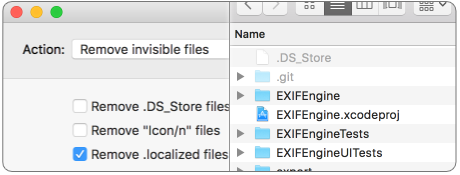 Remove invisible files action next to a Finder window showing a .DS_Store file