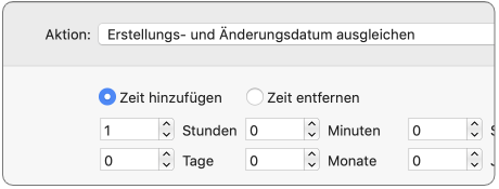 Aktion zum Anpassen von Erstellungs- und Änderungsdatum mit Feldern für Stunden, Minuten, Tage und Monate