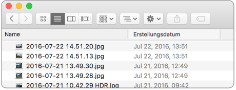Finder-Fenster mit Fotos, deren Dateinamen und Erstellungsdaten den Aufnahmedaten entsprechen