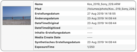 Vorschaubereich mit Dateidaten, EXIF-Aufnahmedatum, Blende, Belichtung und Objektiv eines Fotos