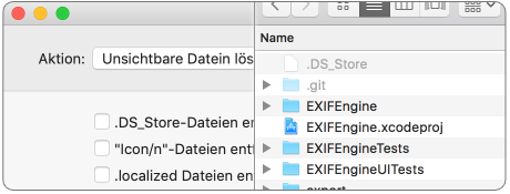 Aktion 'Unsichtbare Dateien entfernen' neben einem Finder-Fenster mit einer .DS_Store-Datei