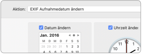 Aktion 'EXIF-Zeitstempel setzen' mit Kalender und Uhr für das neue Datum und die Uhrzeit