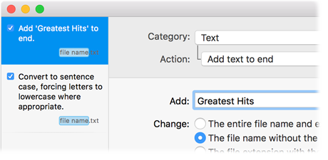 Action list with two steps: add 'Greatest Hits' to the end, then convert to sentence case