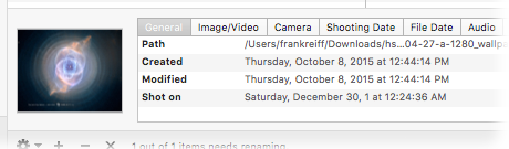 Preview pane showing a file's path, created, modified and shot-on dates