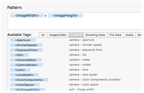 Pattern field with the ImageWidth x ImageHeight tags above the list of available camera tags