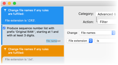 Filter action limiting a sequence-number rename to files with the .CR3 extension