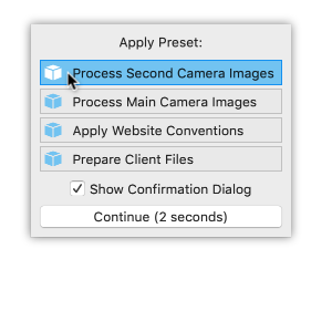 Apply Preset dialog listing saved presets with a confirmation countdown