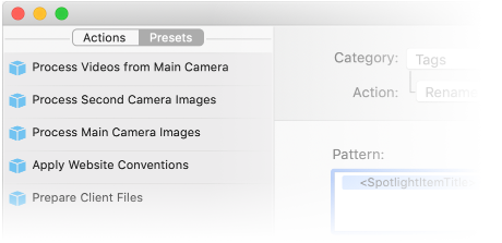 Presets sidebar listing saved renaming presets such as Process Main Camera Images