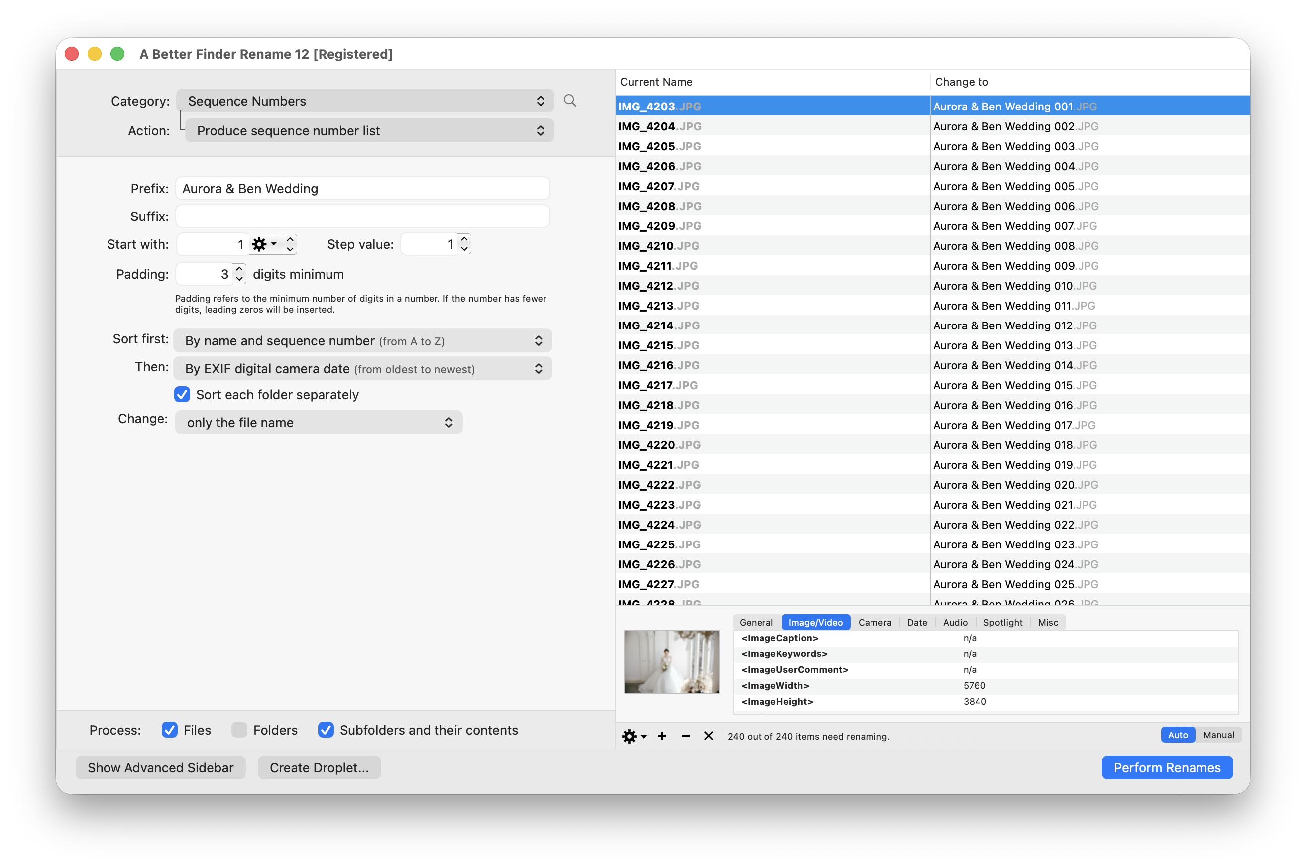 A Better Finder Rename 12 main window: 240 wedding photos being renamed to Aurora & Ben Wedding 001 to 240 with a live preview of every new name