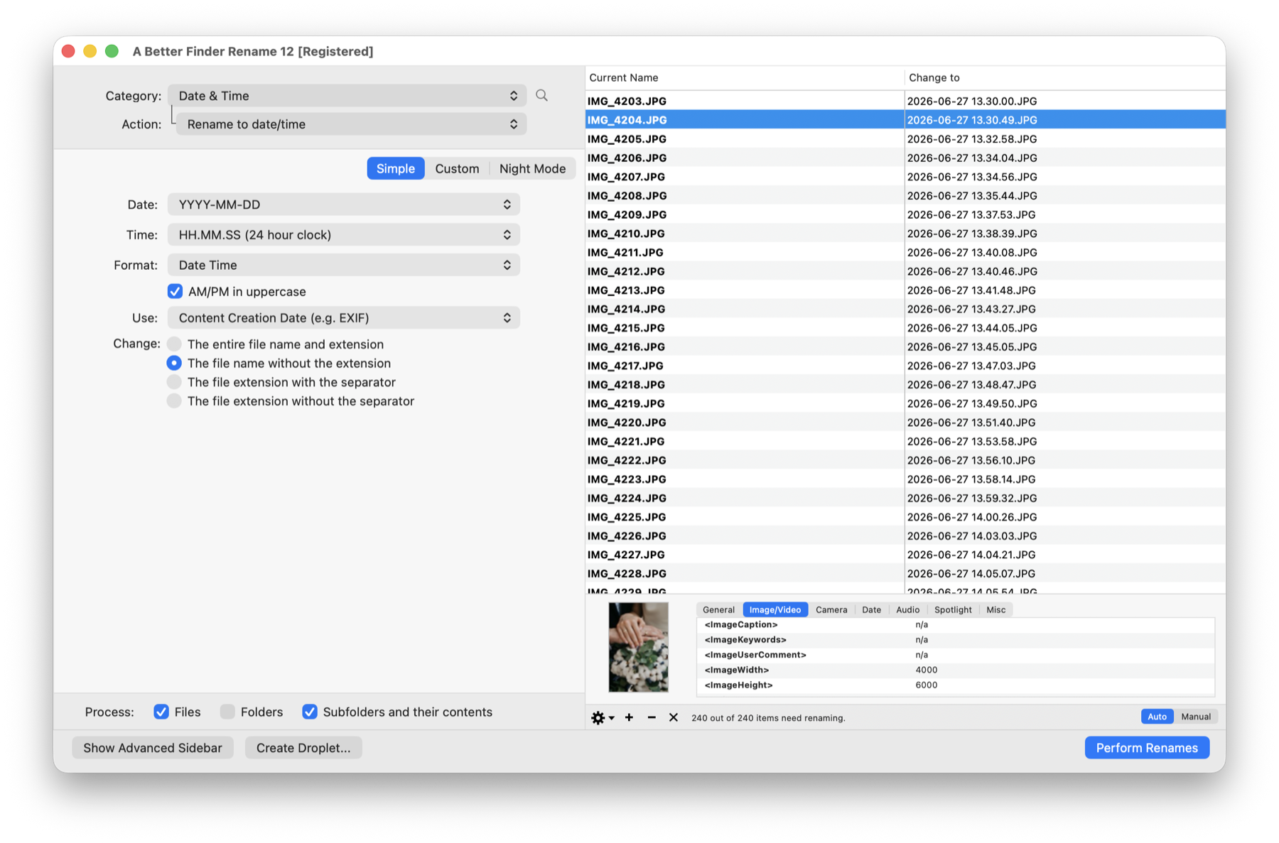The Date & Time action renaming wedding photos to their EXIF capture time, 2026-06-27 13.30.49.JPG