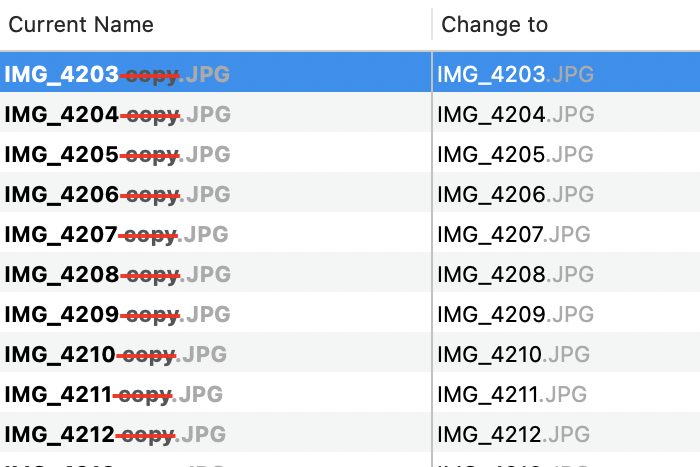 The preview table: the word copy struck through in red in each current name, the clean name beside it