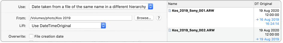 dates taken from files of the same name in a different folder hierarchy