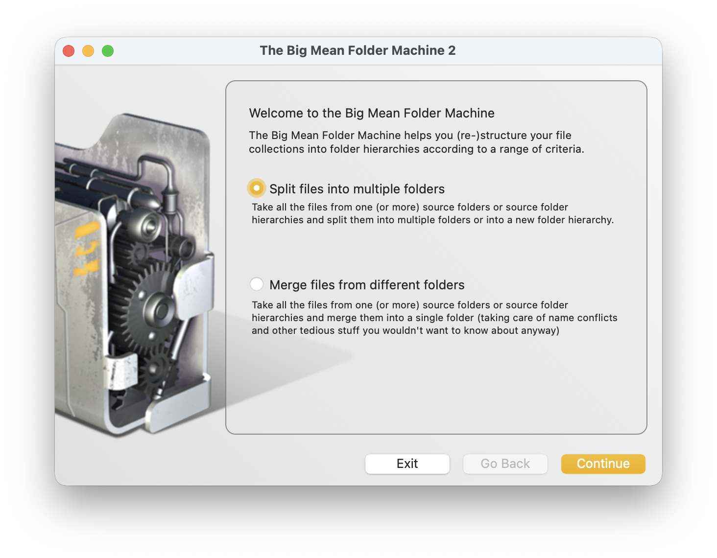 Big Mean Folder Machine interface showing split and merge options
