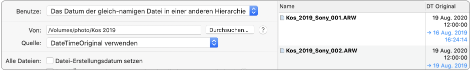 dates taken from files of the same name in a different folder hierarchy