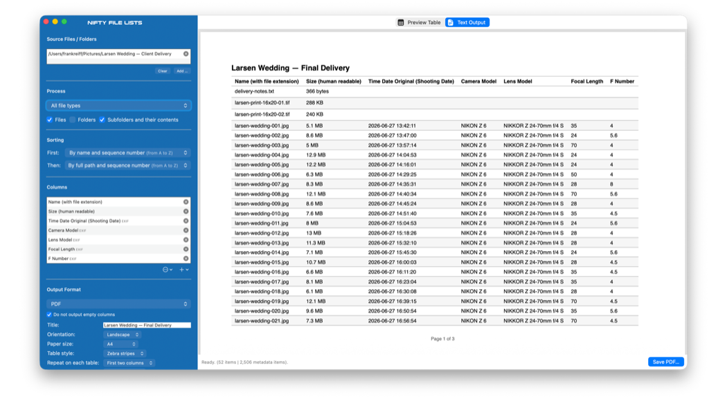 Nifty File Lists sur macOS construisant l'aperçu PDF en direct d'un dossier de livraison client