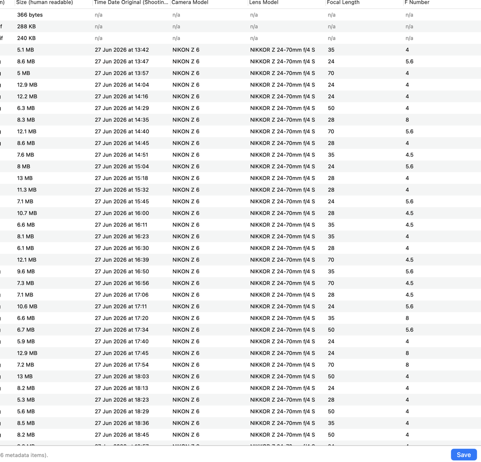 aperçu interactif d'une liste de fichiers avec colonnes de métadonnées EXIF sur Mac
