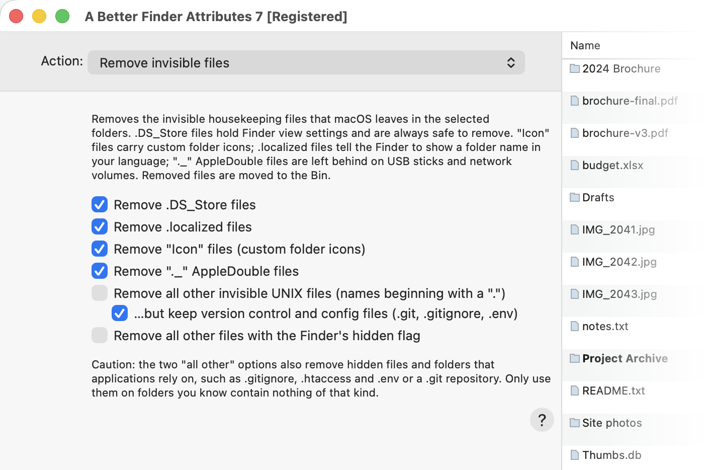 Remove invisible files: .DS_Store, .localized, Icon and AppleDouble files ticked, with version control and config files kept, on a Project Archive folder