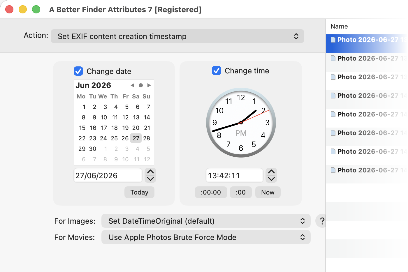 Set EXIF content creation timestamp: a calendar set to 27 June 2026 and a clock set to 13:42:11, applied to phone exports that have no EXIF date