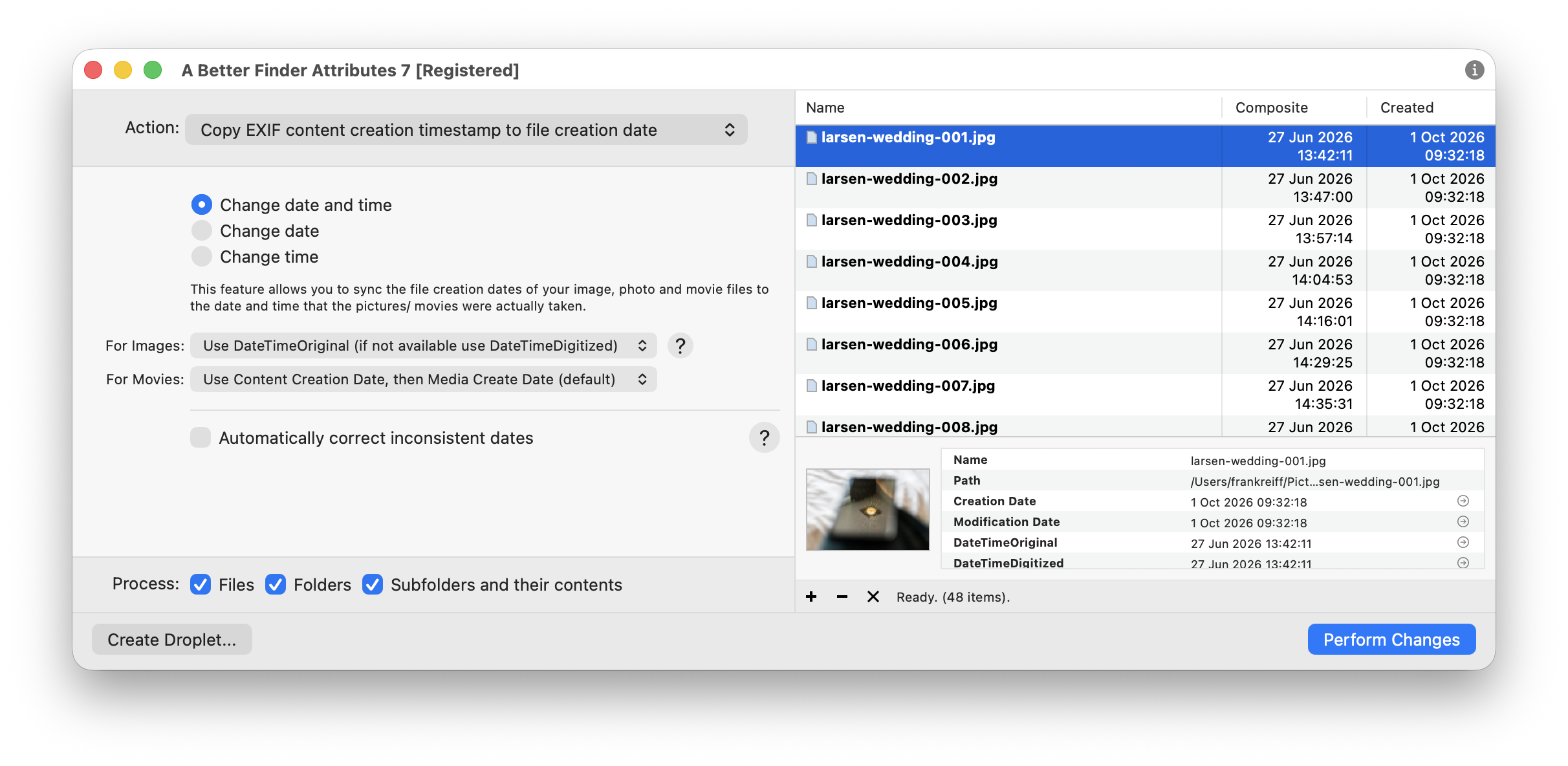 A Better Finder Attributes 7 main window: 48 wedding photos getting their file creation date set to the EXIF shooting date, 27 June 2026, with the info pane listing the selected file's creation, modification and DateTimeOriginal dates