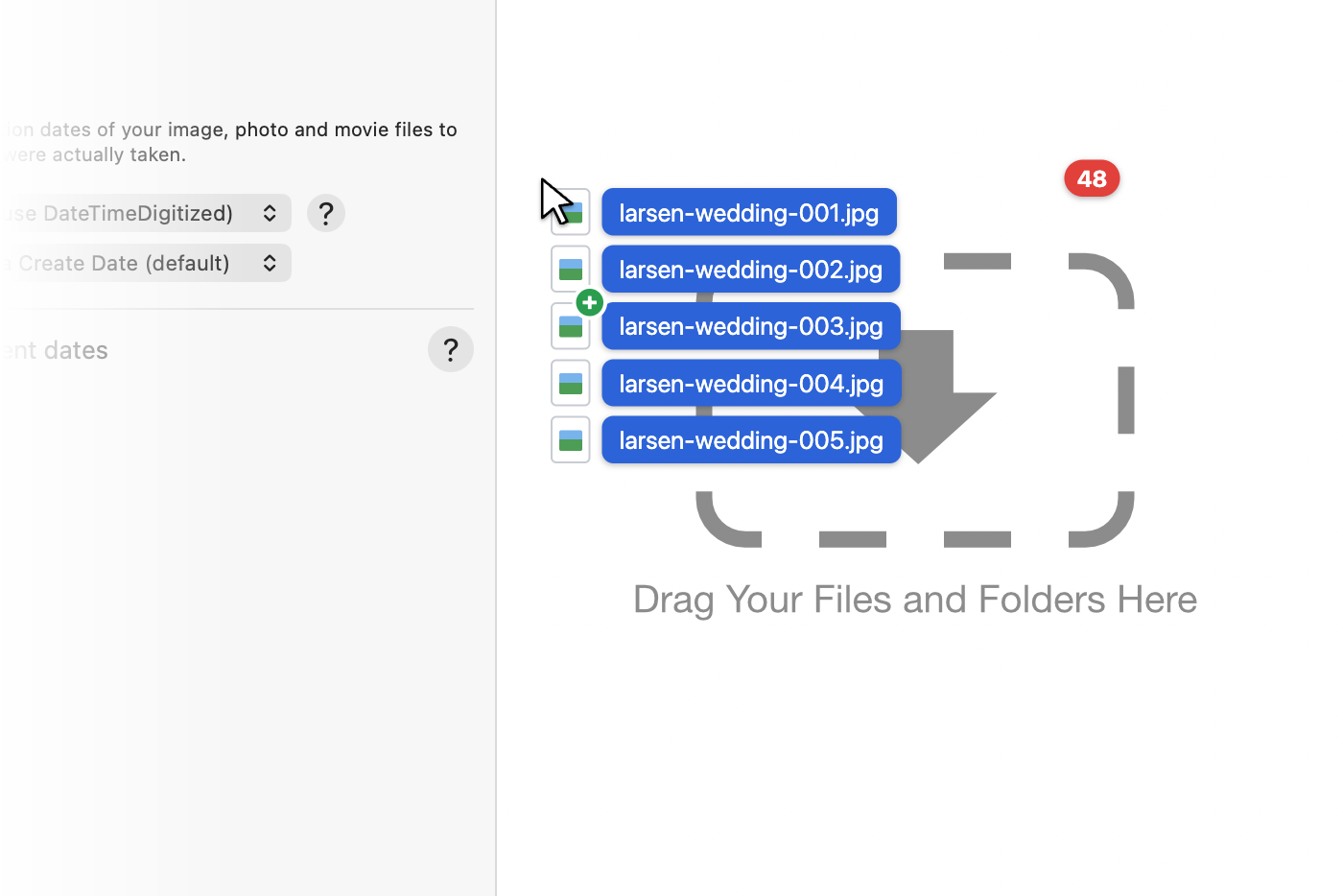 Five wedding photos being dragged from the Finder onto the empty file list, which reads Drag Your Files and Folders Here