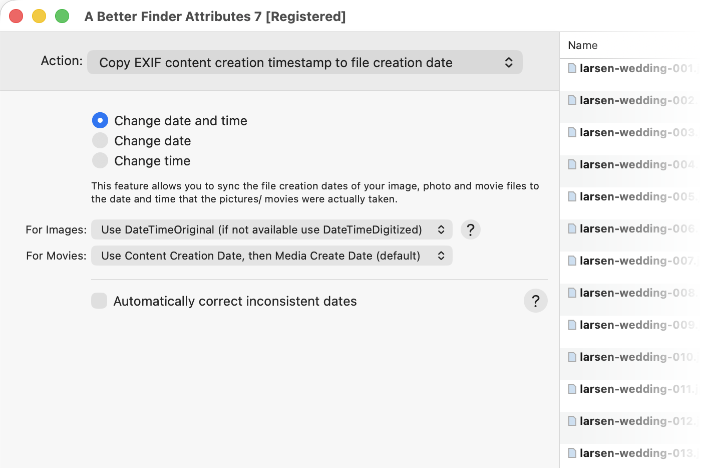 The action panel: Copy EXIF content creation timestamp to file creation date, with the DateTimeOriginal and Content Creation Date sources chosen