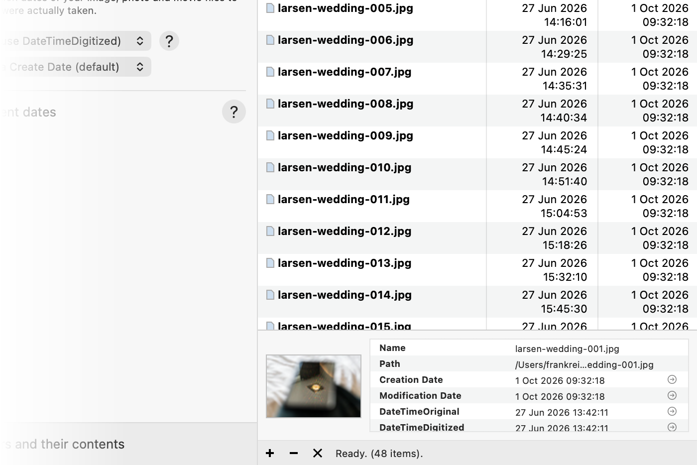 The preview list showing each photo's new date beside its current one, and the info pane listing the selected file's creation, modification and DateTimeOriginal dates