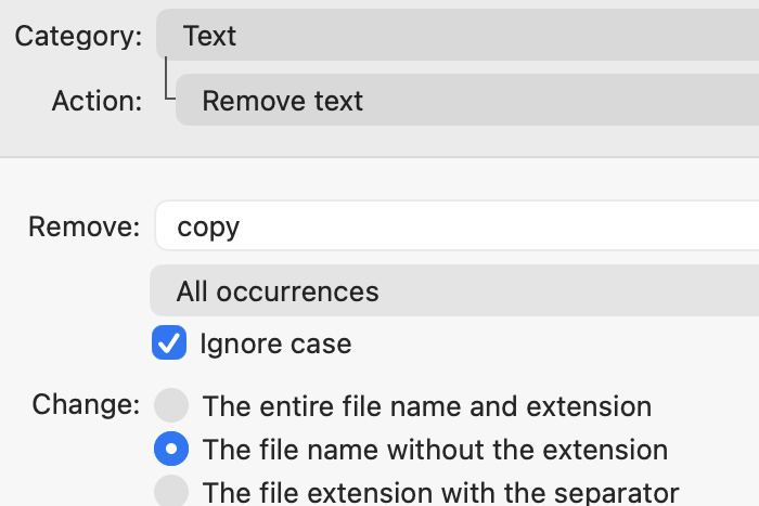 The action panel: category Text, action Remove text, removing the word copy from every name